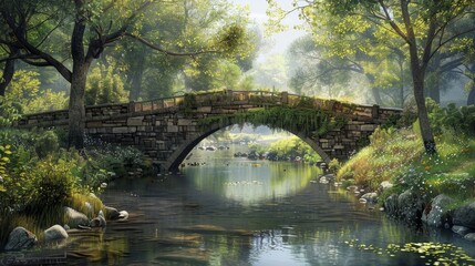 An old stone bridge over a tranquil river in the countryside