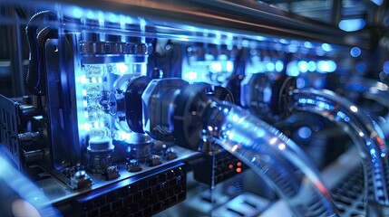 Quantum computer core being cooled in a lab, close up on the intricate cooling systems with a blue neon glow.