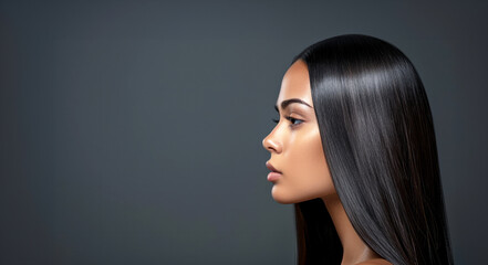 A woman with long, straight hair is looking at the camera. The image has a moody, dramatic feel to it. Profile portrait of a beautiful brunette woman with long straight hair on a dark gray background