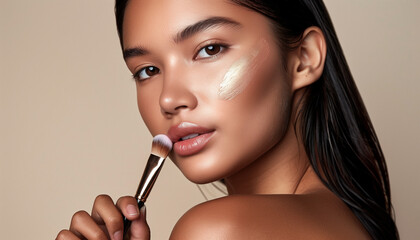 Obraz premium Asian woman is doing makeup. Commercial shooting style. Clean empty background