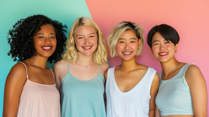 Image of women standing next to each other, smiling and looking at the camera. Each woman has different hair color, skin tone, style, and location