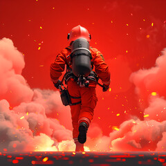 Astronaut in a red suit walking on a surface under a red sky, surrounded by sparks and debris. - obrazy, fototapety, plakaty
