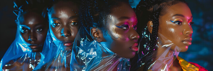 a group of women standing in front of each other wearing shiny clothing and looking off to the side with their faces covered with plastic wrap around their shoulders and shoulders. - obrazy, fototapety, plakaty