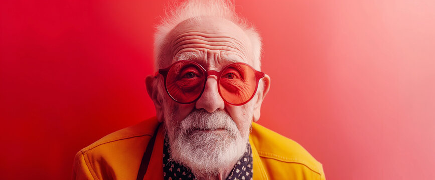Headshot portrait of quirky elderly man with eccentric style wearing red glasses and yellow jacket, colorful background	

