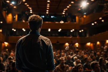 Rear view of a male speaker facing a large crowd of listeners in a modern auditorium with attentive audience and stage lights.