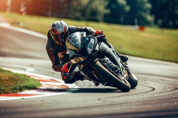 Motorcycle racer on a racing track cornering