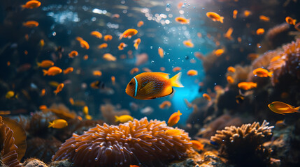 Orange clownfish swimming among anemones in ocean. Marine ecosystem photography with natural light. Underwater wildlife and sea animal concept for design and print. Aquatic life portrait - obrazy, fototapety, plakaty