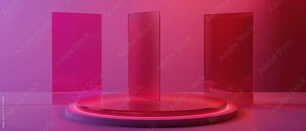 Poster 3d rendering, abstract geometrical background with violet red translucent round glass. modern minima