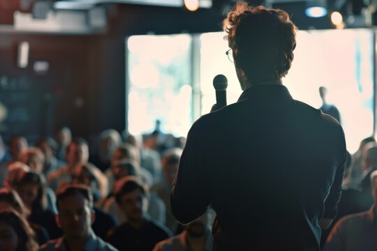 Back view of a male speaker addressing a diverse crowd at a business event in a well-lit conference room.