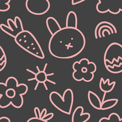 A seamless pattern for the Easter holiday. Easter bunny, carrot, egg. Pattern on a dark background. Vector illustration