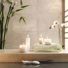 A serene spa setting with candles, towels, and a bamboo plant, evoking relaxation and tranquility. 