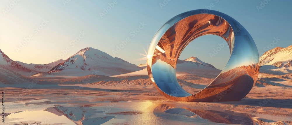 Poster this abstract desert background combines metallic mirror geometric loops with futuristic aesthetics.