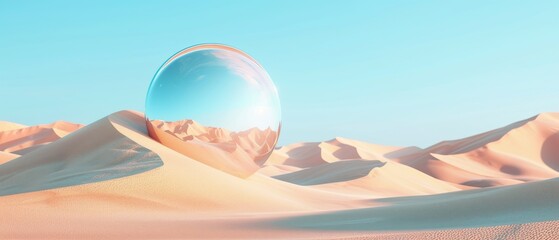 An abstract fantastic panorama with geometric shapes among desert sand dunes under a clear blue sky.