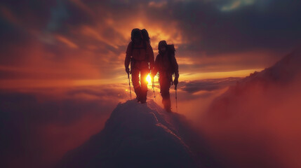 Team of mountain climbers walking on top of snowy mountain peak in front of majestic and dramatic scene above the clouds at sunset