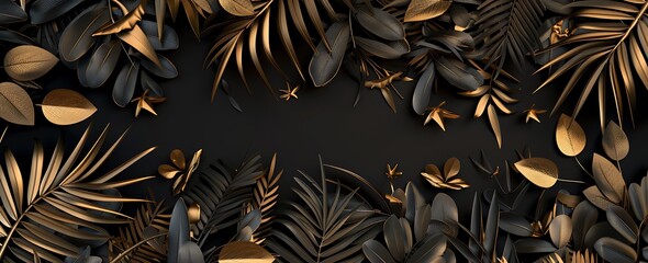 Luxurious 3D wallpaper design featuring golden birds and botanical elements amid jungle foliage and...