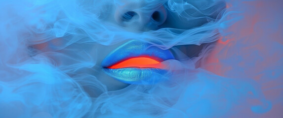 Abstract woman lips with smoke in blue tint and light coming from her mouth - Powered by Adobe