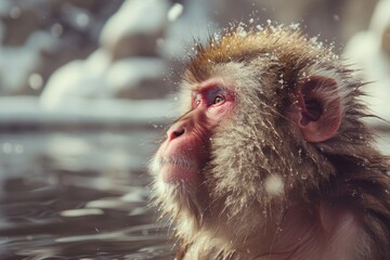 Japanese Snow monkey in a hot spring close up