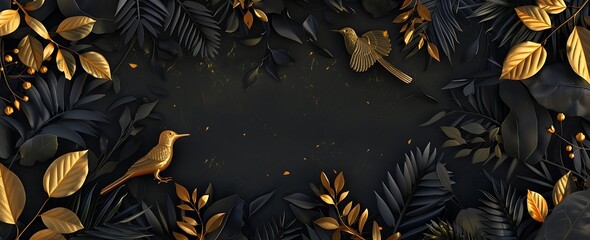 A 3D wallpaper featuring golden birds and flora amidst lush jungle foliage set against a dark...