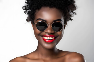 Closeup portrait of a beautiful African American woman wearing sunglasses, happy and smiling