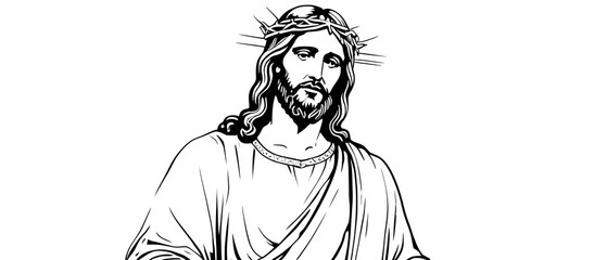 Sketch of Jesus Christ, black and white monochrome style with copy space