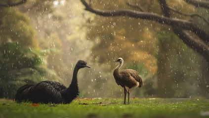  An ebony ostrich rests on the grass, while an emu stands behind it. Rain cascades from above, with verdant trees completing the background.        © AH