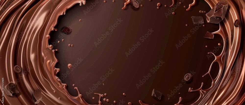 Poster a three-dimensional round banner with twisted frames and liquid chocolate splashes