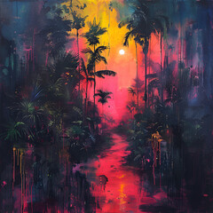 Abstract vibrant painting of a tropical sunset with palm trees and a river