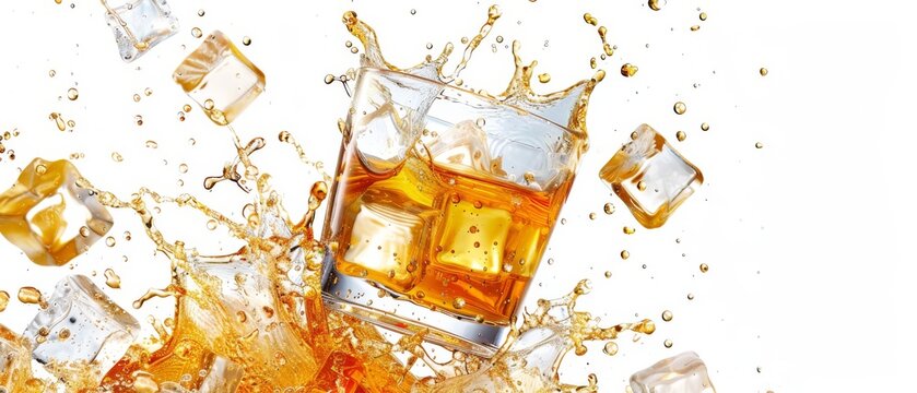 An isolated white background shows splashing drink, glass, and falling ice cubes