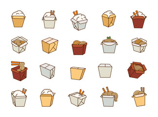 Wok box with Asian food. Noodle and rice. Hand drawn style. Vector drawing. Collection of design elements.