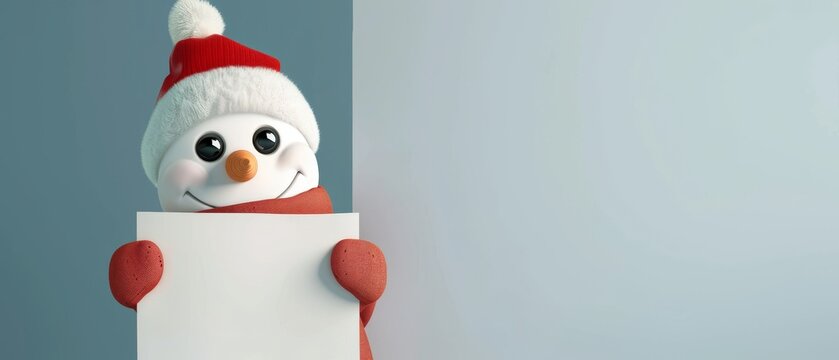 Animated snowman holding blank page, hiding in corner of a picture