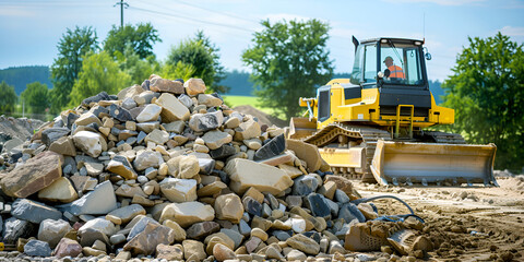 Road grader at the construction site Powerful construction machine for ground leveling and excavation Closeup Professional construction equipment - obrazy, fototapety, plakaty