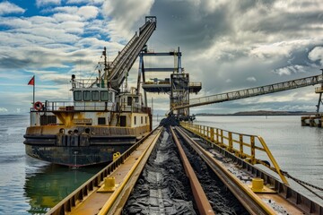 Coal Barge Being Loaded With Coal at a Mining Port Facility, With Conveyor Belts And Loading Equipment in Operation, Generative AI