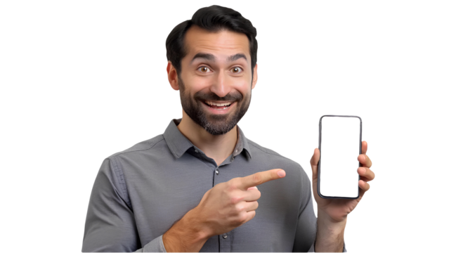 man smiling and holding a smartphone and pointing at its screen