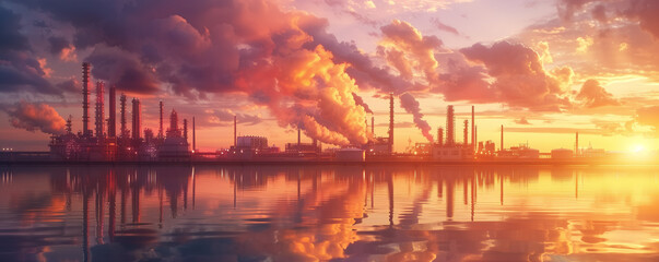 Industrial landscape at sunset with reflections on water.