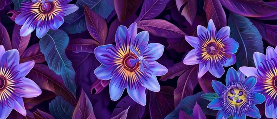 An abstract colorful passion flower seamless pattern on a purple tropical textile background - obrazy, fototapety, plakaty