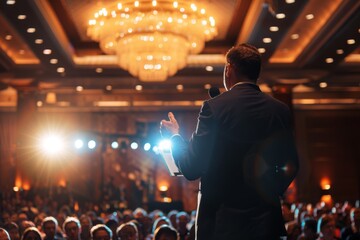 Over the shoulder view of a professional speaker giving a talk at a corporate conference in a large hall with audience seating and a grand chandelier.