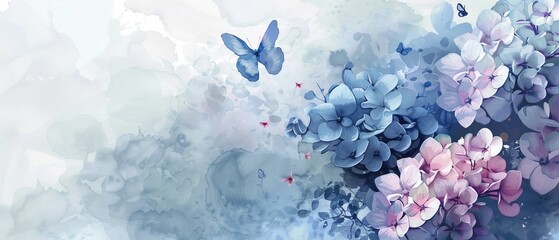 The background of this watercolor illustration features hydrangeas and butterflies