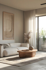 Fototapeta na wymiar Minimalist Living Room Design with Neutral Tones and Pops of greenery