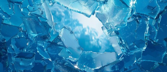 An arctic blue colored broken ice background with a frozen frame. - obrazy, fototapety, plakaty