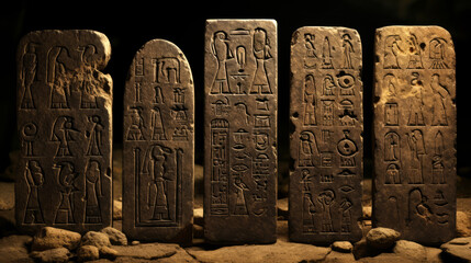 Ancient egyptian hieroglyphs on stone tablets - obrazy, fototapety, plakaty