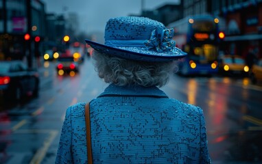 A woman wearing a blue hat and a blue coat stands on a wet street. The street is busy with cars and buses, and the woman is looking at the camera. The scene has a nostalgic - Powered by Adobe
