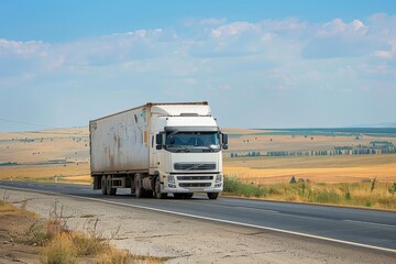 Naklejka premium Cargo truck driving down the road in the middle of a field