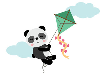 Cute panda flying with kite