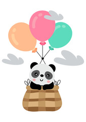 Adorable panda flying in basket with balloons