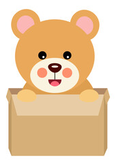 Happy teddy bear in cardboard box