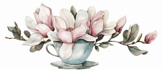 A bundle of flowers and a magnolia in a tea cup are part of a watercolor shabby chic illustration on a white background.
