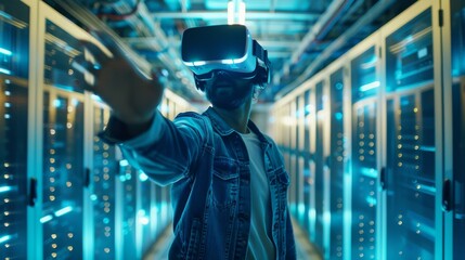 Man in a denim jacket using virtual reality headset in a server room with illuminated blue data racks.