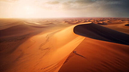 Dunes in a gigantic desert, infinite horizon of sand, aerial landscape view of a natural and spectacular beautiful spot - obrazy, fototapety, plakaty