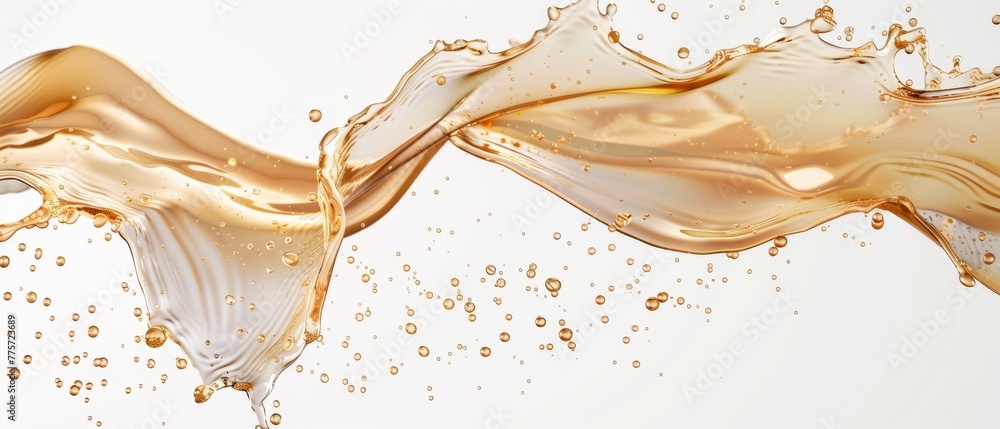 Poster an abstract champagne wave is rendered in 3d on a white background with dynamic shapes, liquid splas