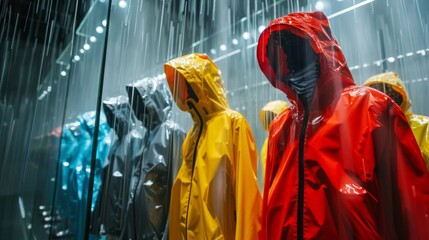 Fototapeta na wymiar Raincoats in vibrant colors displayed on mannequins during a simulated downpour in a store setting.